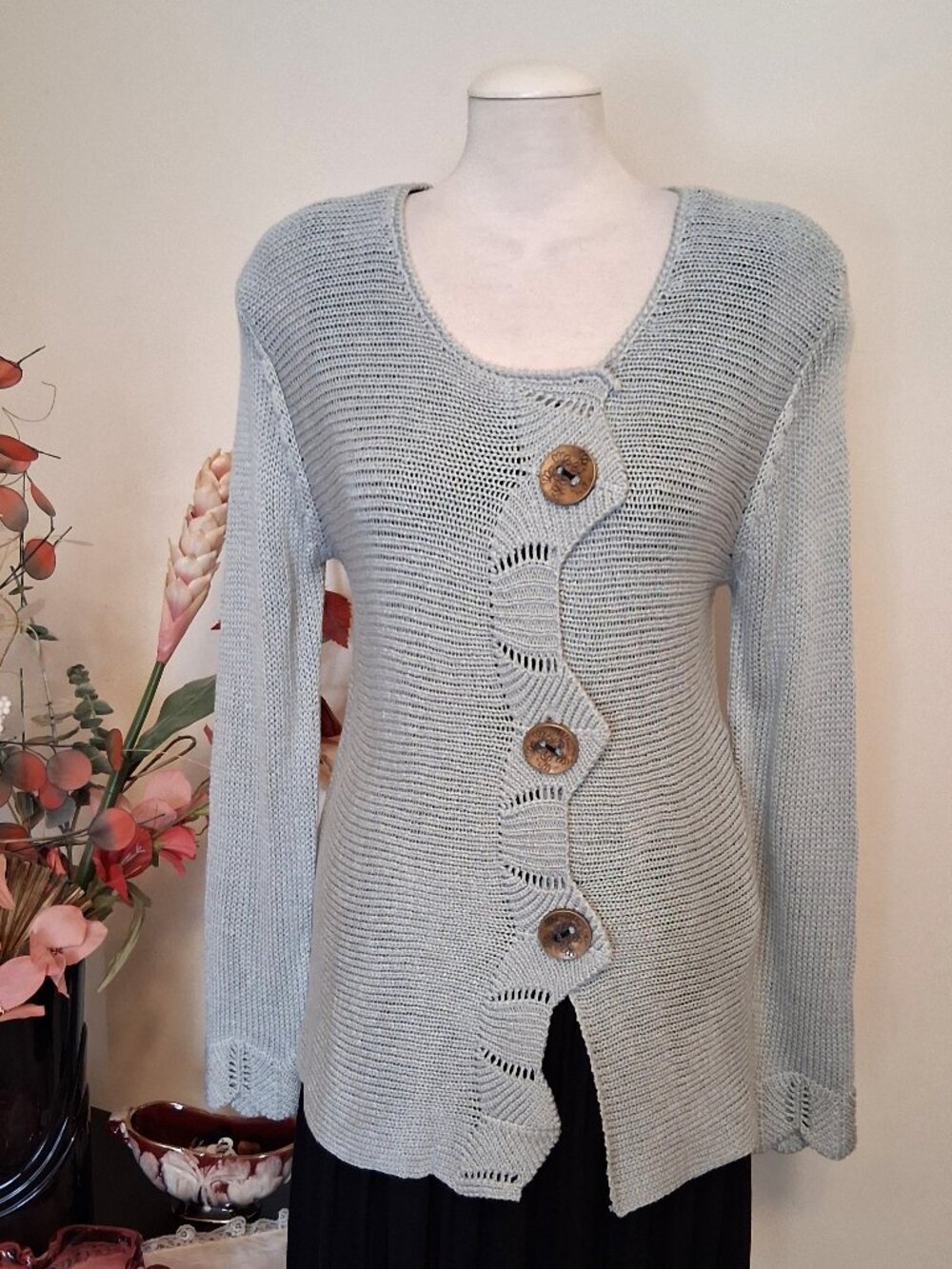 Quality Structured Knit Cardigan Sweater Women 14L Office Fall Winter Silver